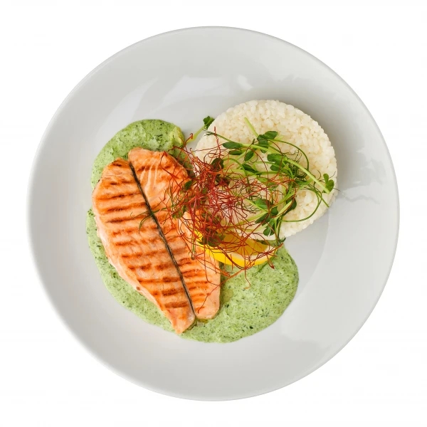 Steamed salmon steak with steamed rice