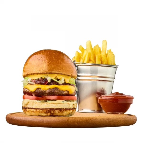 Boss menu: Burger with juicy beef, fries and ketchup sauce