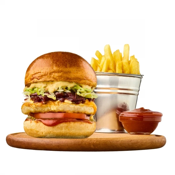 Chicken Menu: Burger with tender chicken, french fries and ketchup sauce