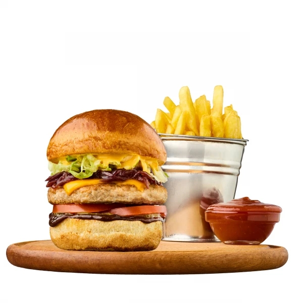 Fest Menu: Burger with pork, fries and ketchup sauce