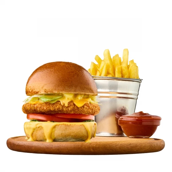 Combo set: Children's burger with tender chicken, french fries and ketchup