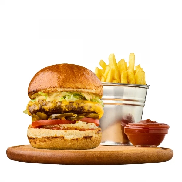 Extra menu: Burger with beef and pineapple, french fries and ketchup sauce