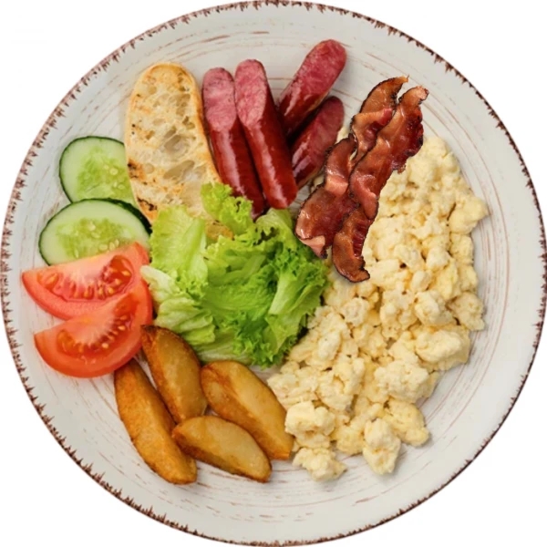 Scrambled eggs with vegetables and baked potatoes