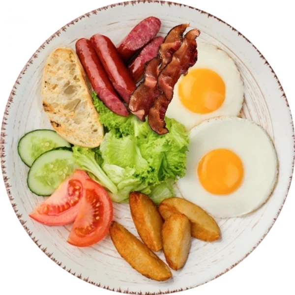 Fried eggs with vegetables and baked potatoes