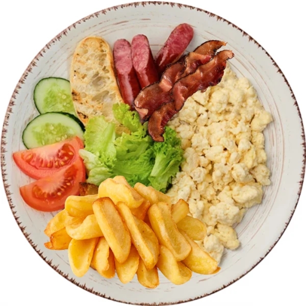 Scrambled eggs with vegetables and potato dips