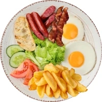 Fried eggs with vegetables and potato dips