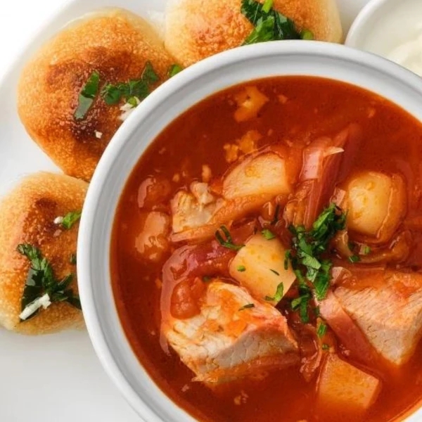 Borscht with sour cream and donuts