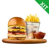 Boss menu: Burger with juicy beef, fries and ketchup sauce