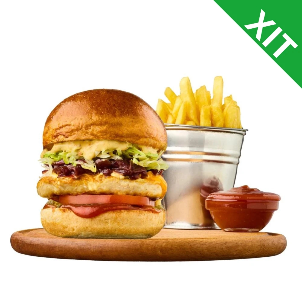 Chicken Menu: Burger with tender chicken, french fries and ketchup sauce