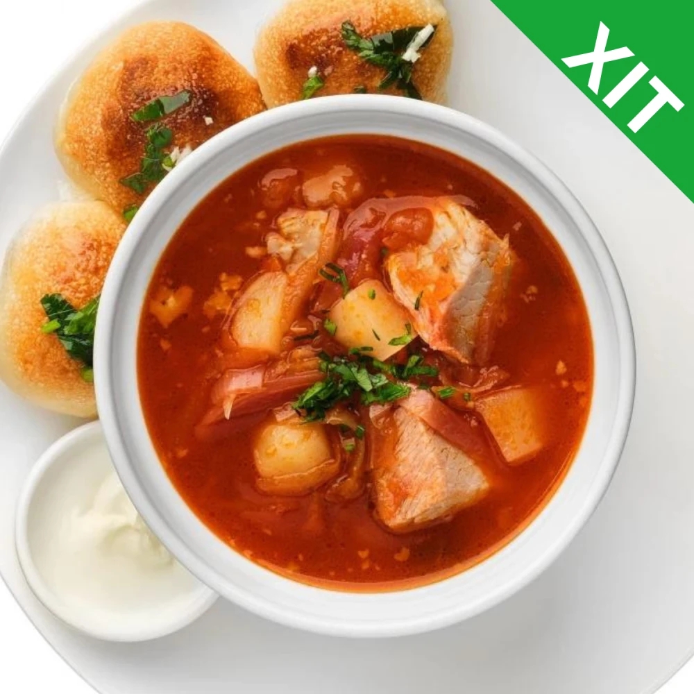 Borscht with sour cream and donuts