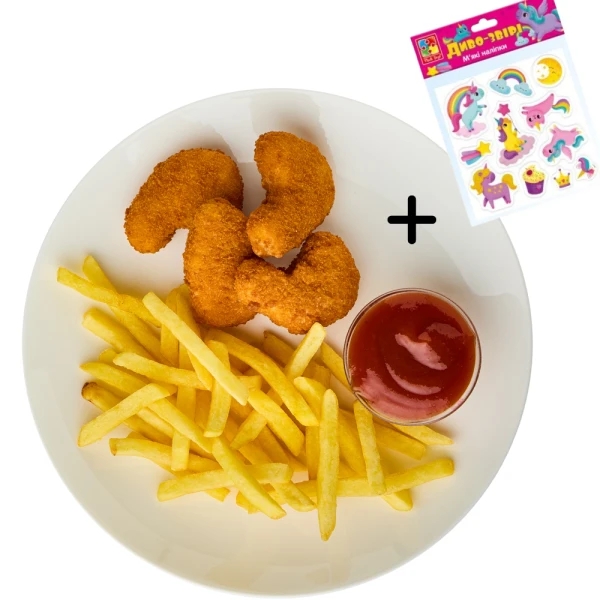 Nuggets with French fries and ketchup