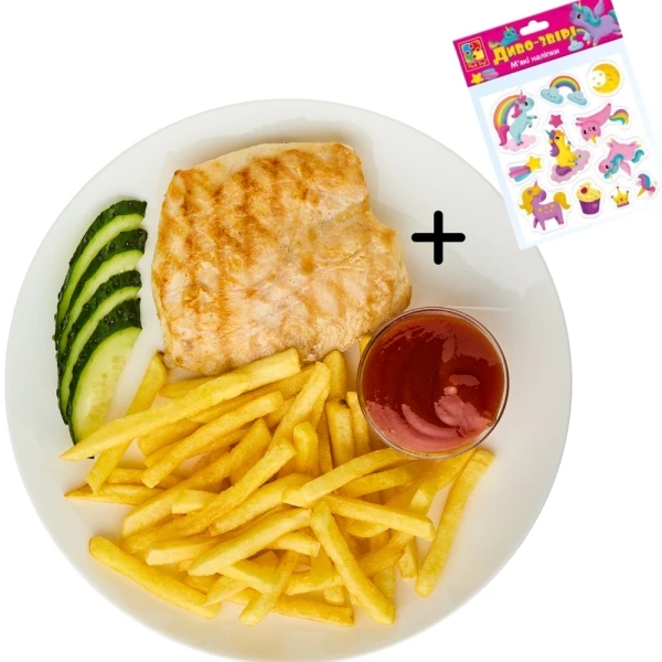 Chicken with fries and ketchup