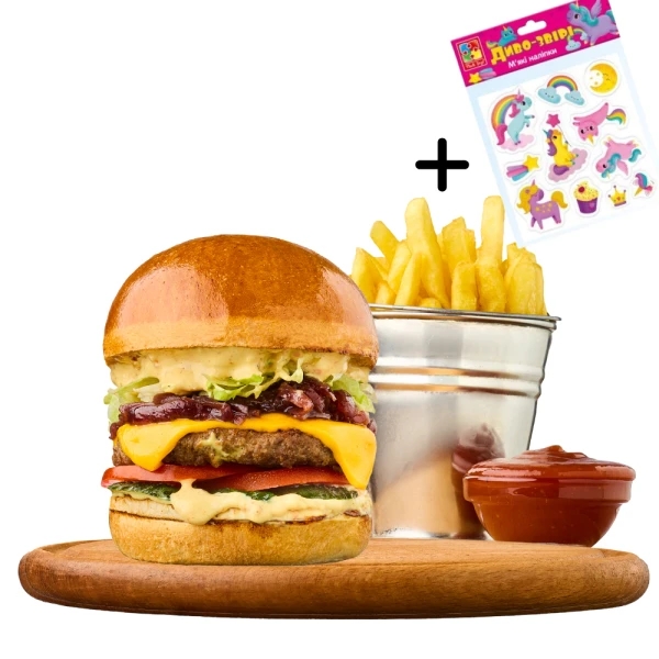 Combo set: Children's burger with beef, fries and ketchup