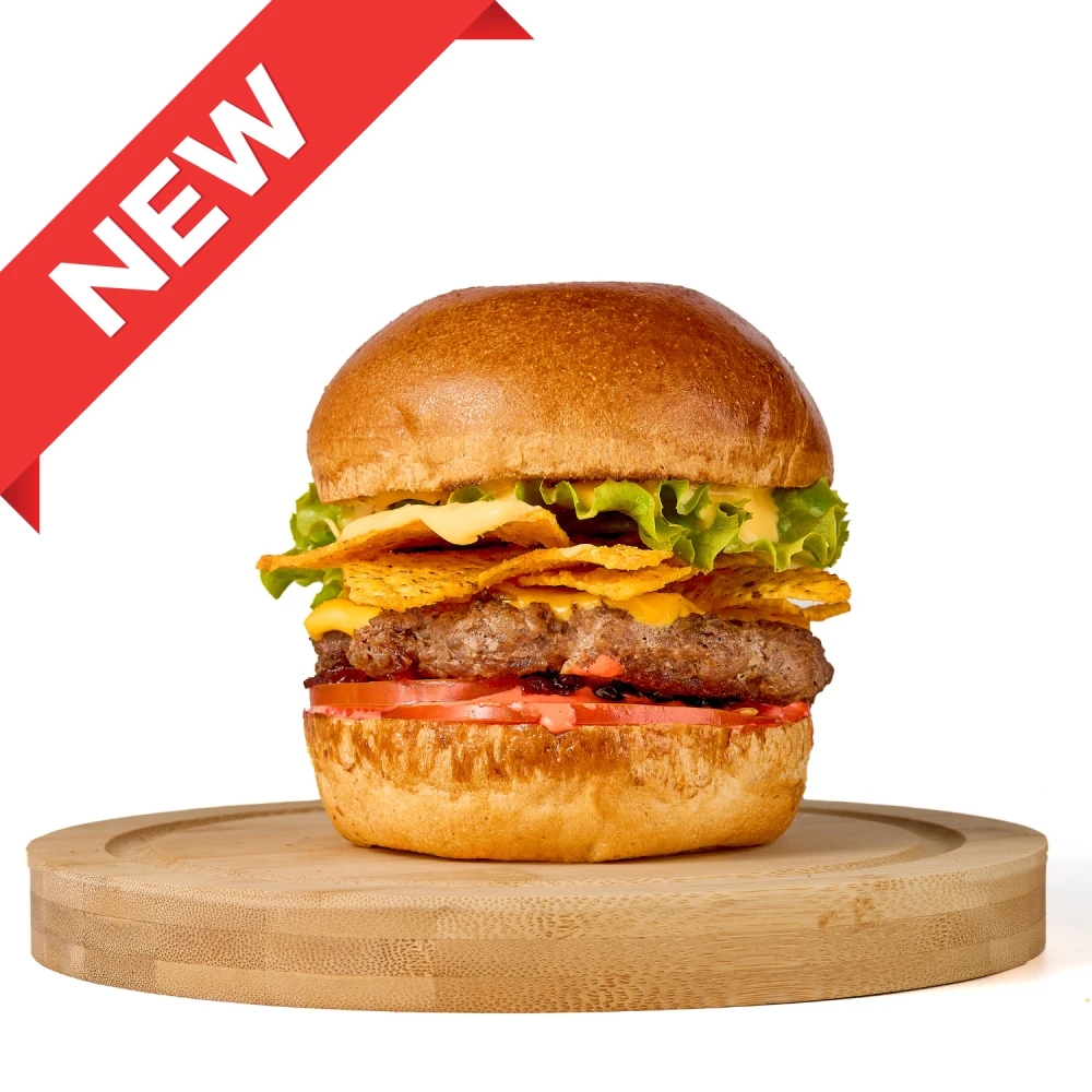 Beef burger with crispy nachos