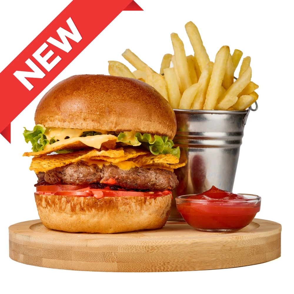Burger Menu: Beef burger with crispy nachos, French fries and sauce