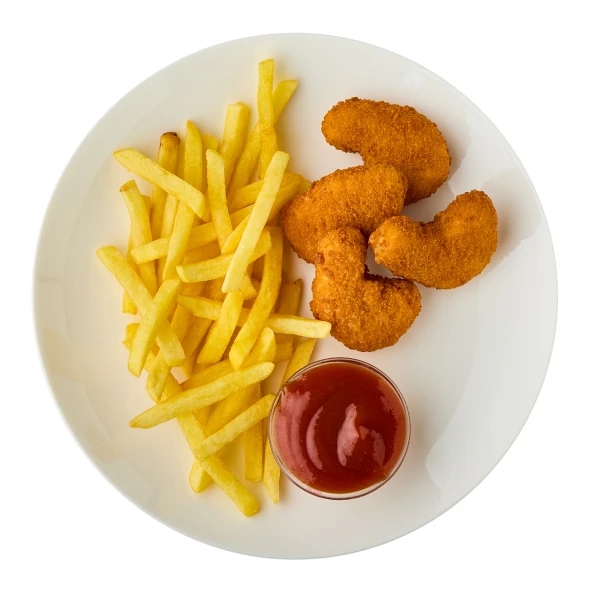 Nuggets with French fries and ketchup